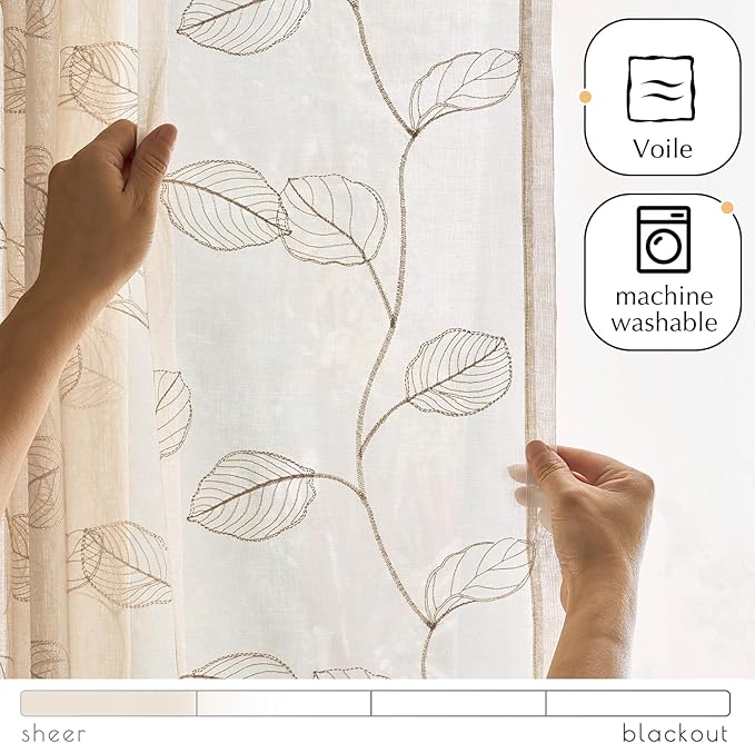 jinchan French Door Curtain Privacy Rustic Leaf Embroidered Semi Sheer Voile Front Curtain for Window Doorway Closet, Door Panel with Tieback Rod Pocket 1 Panel 55W x 72L Inch Beige