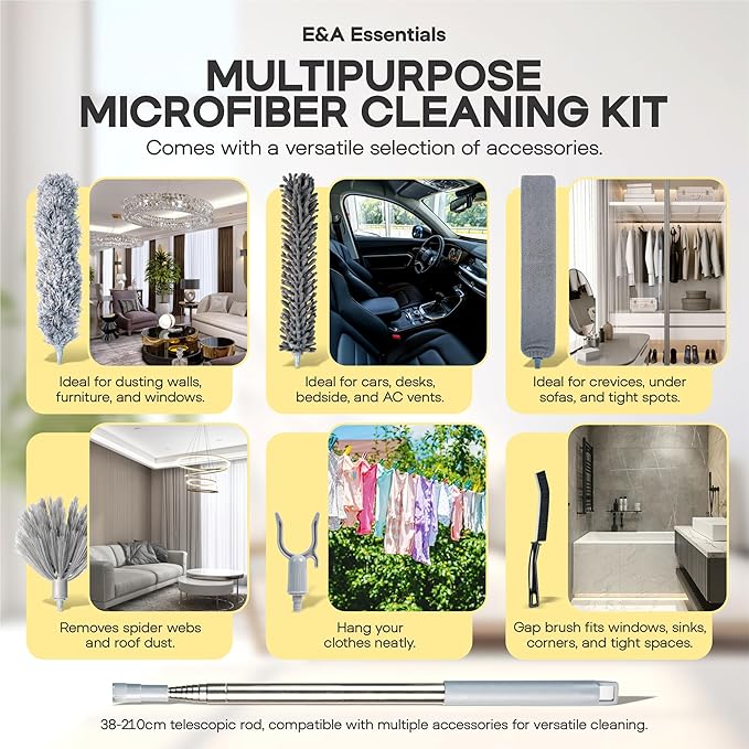 Microfiber Feather Duster with Extension Pole 100 Inches, (8 PCS), Cleaning Brush, Dusters for Cleaning High Ceilings, Cobwebs, Blinds, Cars, Reusable, Washable, Extendable, Ceiling Fan Cleaner Duster