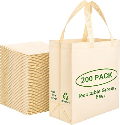 Simply Cool 200 Pack Reusable Grocery Bags, Medium Tote Bags Bulk, Cream