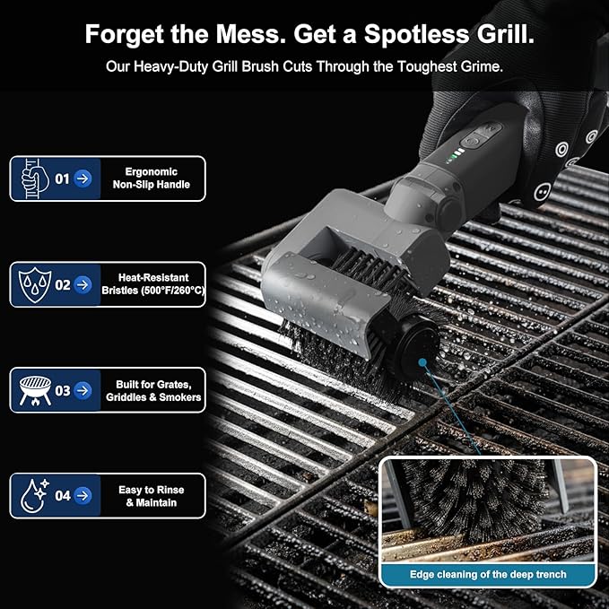Electric Grill Brush for Outdoor, 3-Speed Control, 304 Stainless Steel Cordless BBQ Grill Brush with No-Shed Bristles, 150-Mins Runtime Grill Cleaning Brush for Deep Cleaning Grates (Black)