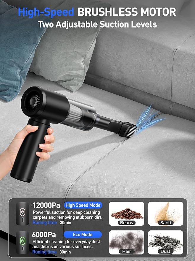 Mini Car Vacuum Portable Cordless with LED Light, 12000PA Powerful Suction, 80W High Power, Dual Hepa Filter, Car Vacuum Cleaner & Air Duster for Home, Desk, PC, Keyboard