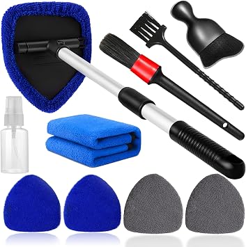 Qydipclin 10pcs Windshield Cleaning Tool Inside Car Window Cleaner Wash Kit with 4 Reusable Microfiber Pads 1 Spray Bott