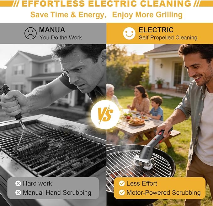 Electric Grill Brush, Cordless Rechargeable Grill Cleaner with LED Light & Water Spray, BBQ Cleaning Brush with 2 Speeds, 304 Stainless Steel Heat Resistant Grill Brush for Outdoor Camping & Grilling