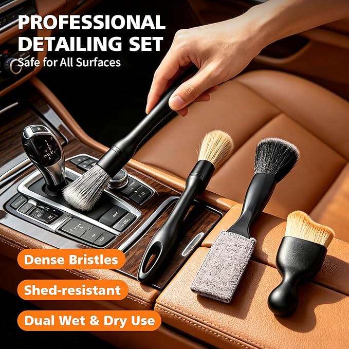 8PCS Car Detailing Brush Set, Car Interior and Exterior Soft Bristle Cleaning Brushes, Includes 4 Different Brushes, Multi-use for Auto Detailing, Dashboard, Vents, Wheels and Tires