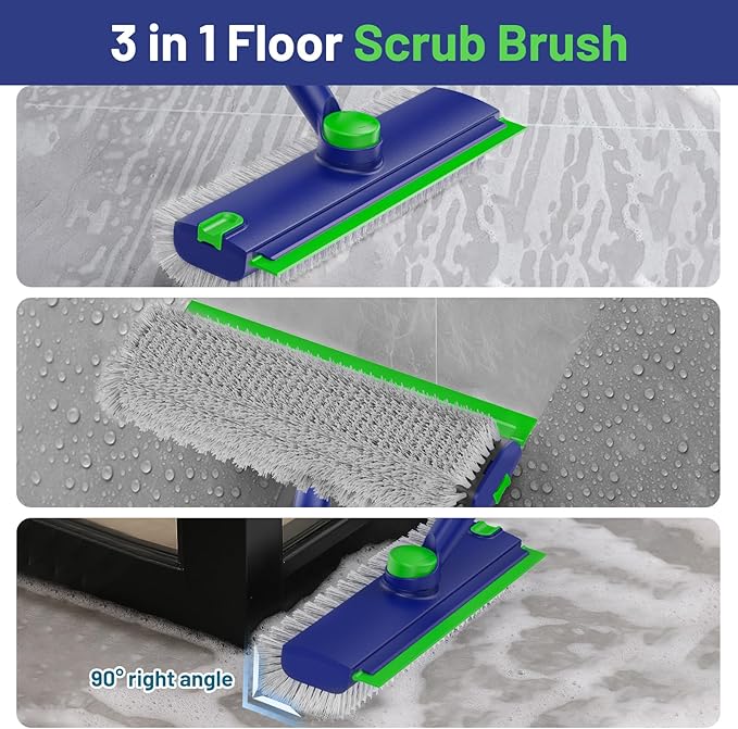 Floor Scrub Brush with Long Handle: 3 in 1 Heavy-Duty Floor Scrubber Brush with Squeegee for Cleaning Tile Bathroom Deck Kitchen Patio - Blue
