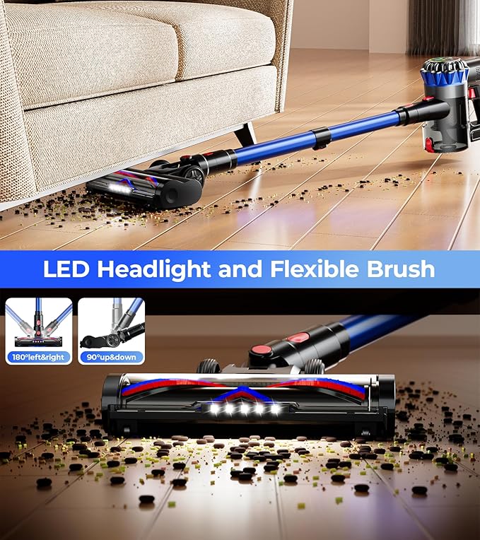 Cordless Vacuum Cleaner, 550W 45Kpa 65Mins Stick Vacuum with Self-Standing, Touch Screen, Anti-Tangle Rechargeable Wireless Vacuum, Vacuum Cleaners for Home/Pet Hair/Carpets/Hardwood Floor