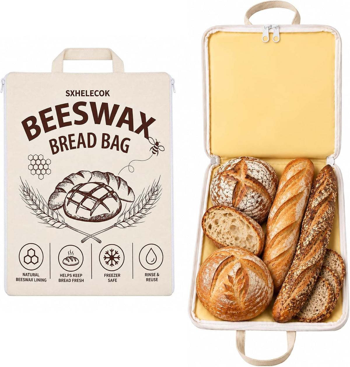 2 Pack Beeswax Bread Bag, Reusable Sourdough Storage, Zipper