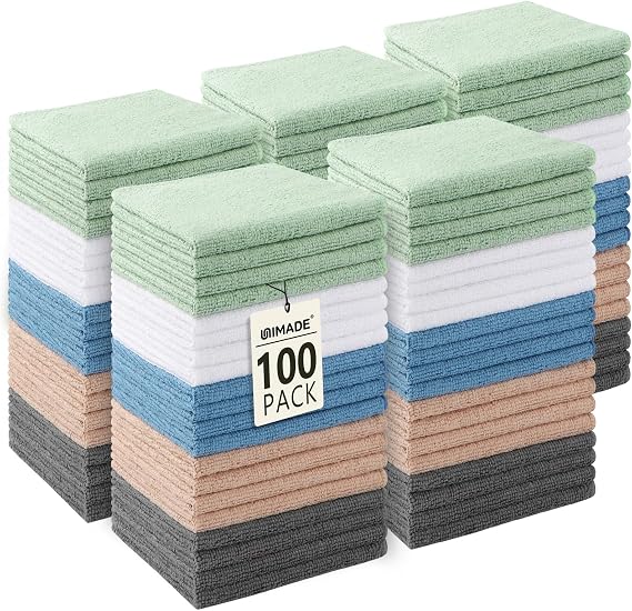 UNIMADE Washcloths Bulk 100 Pack Face Towels (12" x 12"), Highly Soft Wash Cloths and Hand Towels, Fast Drying Multi-Pur
