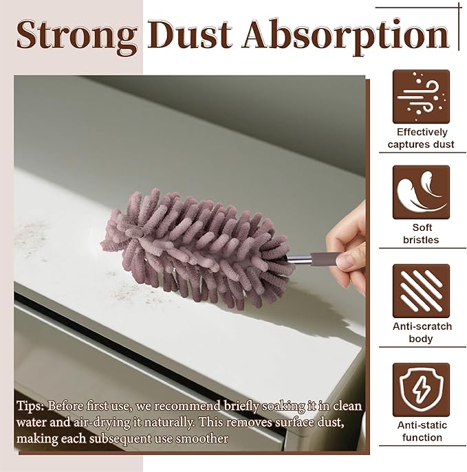2 PCS Car Interior Duster with Extension Pole, Microfiber Car Dusters with Bendable Head, Cars Duster Exterior&Interior Scratch Free, for Cleaning of Vehicle Details, Offices, Window, Furniture(Brown)