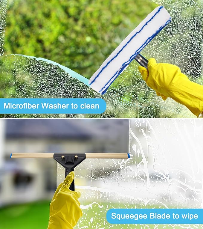 Professional Window Cleaning Kit with 50" Extension Pole, 8-in-1 Window Scrubber Squeegee Set, 14" Flexible Head, 3 Gallon Storage Bucket, Spray Bottle Microfiber Cloths for High Indoor/Outdoor Glass