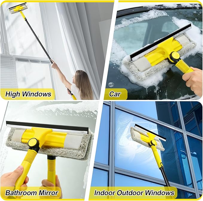 Window Squeegee with Extension Pole for Home, Professional Squeegee for Window Cleaning Tool Kit with Scrubber, 2 in 1 Rotatable Window Washing Kit for Car Glass Shower Indoor & Outdoor High Windows
