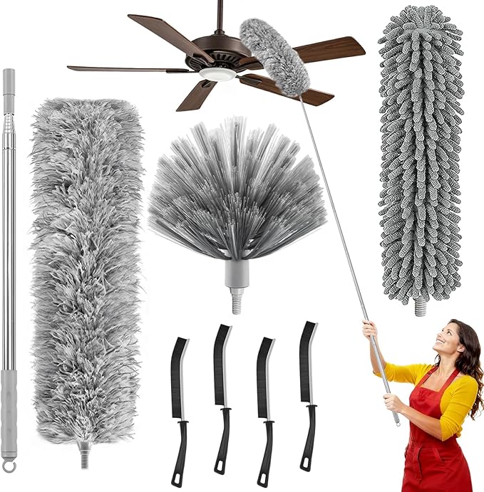 8-Piece Microfiber Feather Duster Set with Extension Pole (16.1" to 100"), Extendable Cobweb & Ceiling Fan Duster for Cleaning Cobweb, Ceiling Fan, Blind, Furniture