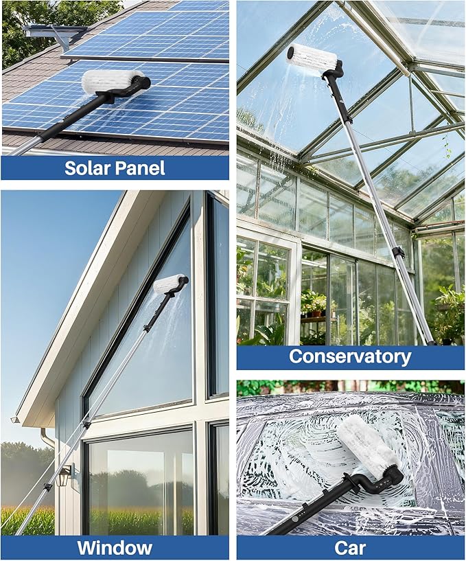 LyriFine Electric Solar Panel Cleaning Brush and Pole Kit, 20Ft Extendable Washing Kit with Water Fed Pole, 2 Speed & Soap Dispenser, Outdoor Window Cleaning Tool for Solar Panel, Window, Roof, RV