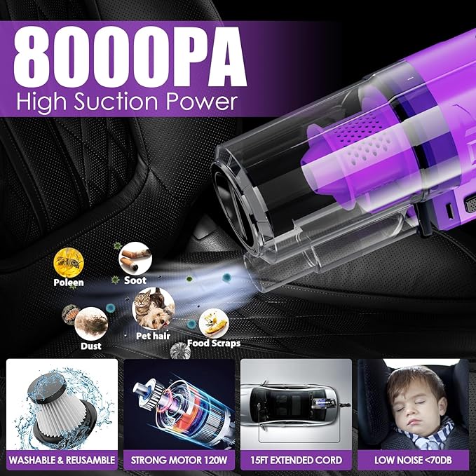 17PCS Car Cleaning Kit, Purple Car Interior Detailing Kit with High Power Handheld Vacuum, Detailing Brush Set, Windshield Cleaner, Cleaning Gel, Complete Auto Accessories for Women Gift