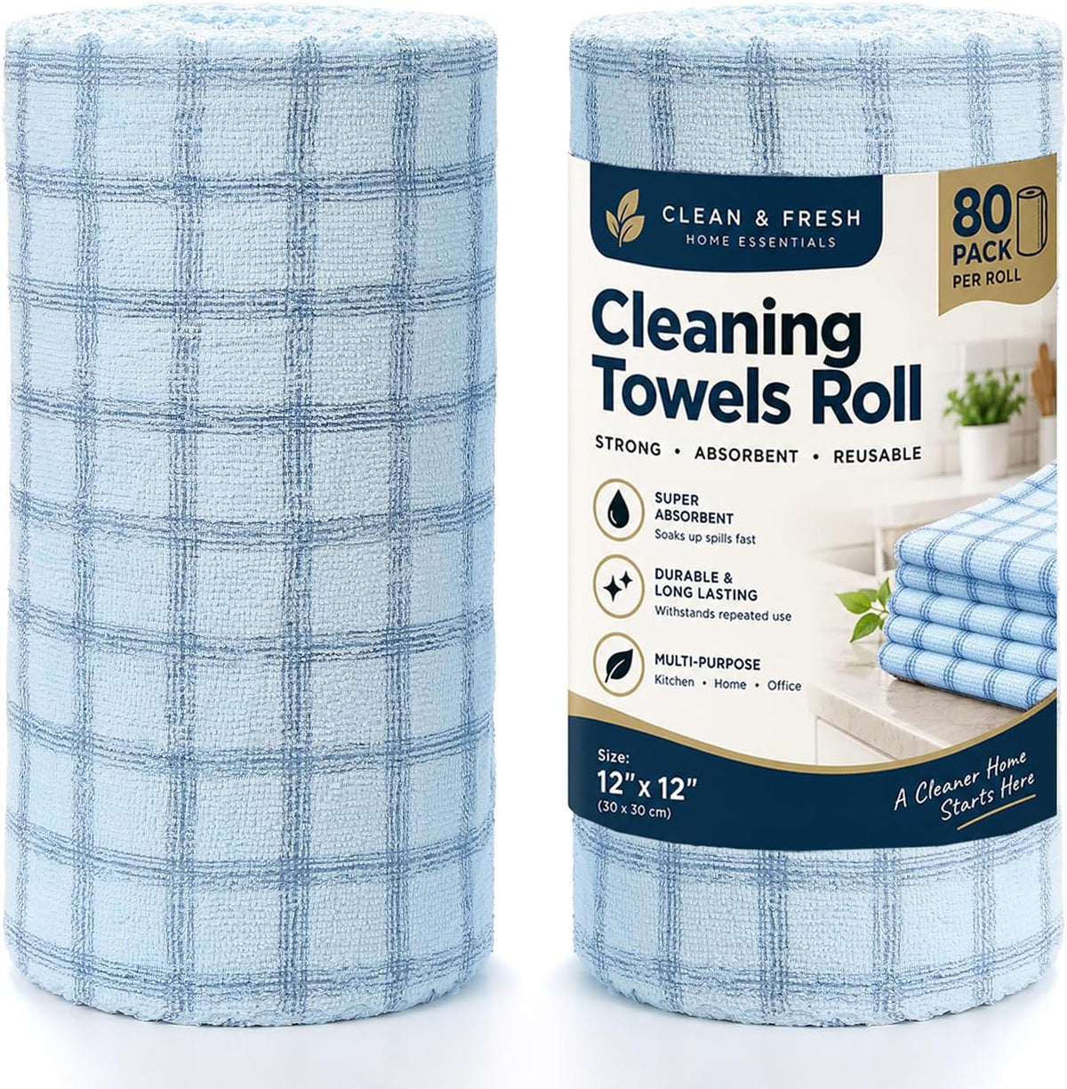 Microfiber Cleaning Cloth Roll - 80 Pack, 12" x 12" Grid Pattern | Tear Away Reusable Paper Towels, Ultra Absorbent Lint-Free Shop Rags for Kitchen, Car, Window, All-Purpose Cleaning