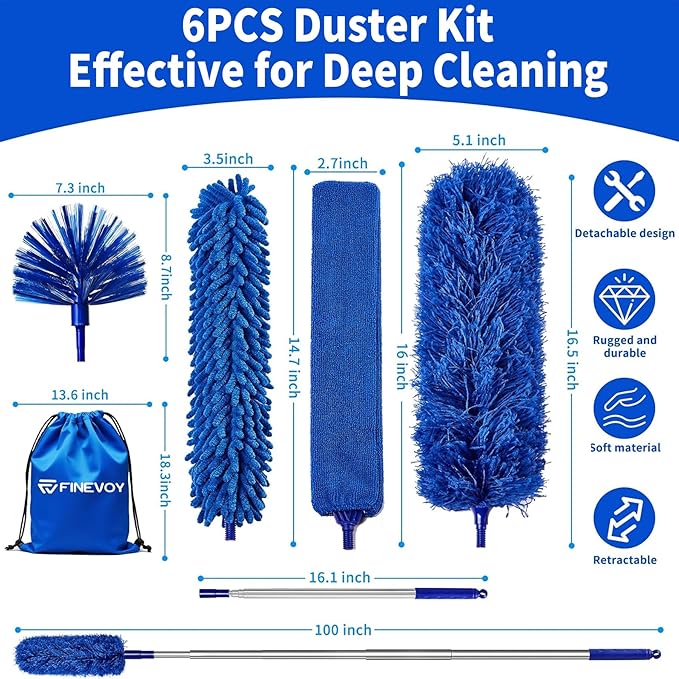 Dusters 6-in-1 Kit, Duster with Extension Pole 100 Inches, Dusters for Cleaning, Cobweb Duster, Microfiber Feather Gap Duster Cleaner for Fans, Blinds, Cars and Furniture