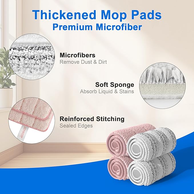 JOYMOOP Microfiber Replacement Pads for 13" Flat Mop System, Reusable Mop Refills, 4-Pack, Stripe and Pink