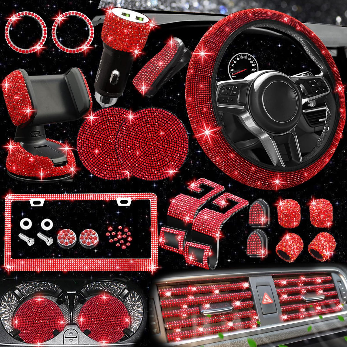 27 PCs Red Bling Car Accessories Set for Women, Steering Wheel Covers Universal Fit 15 Inch, Bling License Plate Frame, Bling Phone Holder, Bling Car Coasters (Red Diamond)