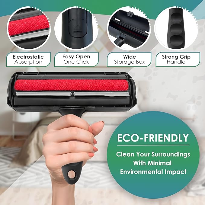 Pet Hair Remover Roller-Reusable, Self Cleaning Lint Roller for Pet Hair Removal on Furniture, Carpets, Clothes & Car Seats-Dog & Cat Hair Remover No Sticky Tapes (Black)