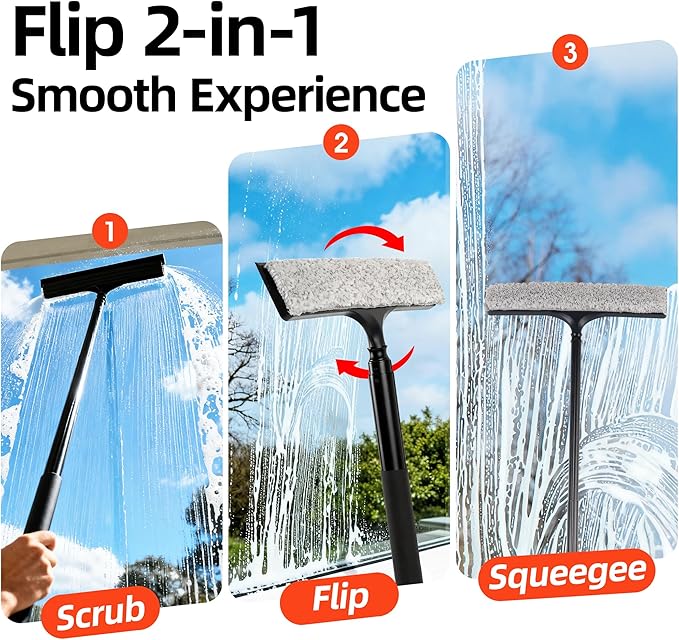 Window Squeegee with Flip-Head, Shower Squeegee 16-59" Long Handle Telescopic Pole & 30% Thicker Blade, Shower Squeegee for Glass Doors, Shower, Car, Windows, Bathroom
