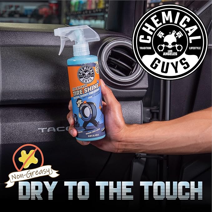 Chemical Guys Tire Kicker Sprayable Extra Glossy Tire Shine Spray, Dry-to-Touch Dressing - Restores Wet Look to Rubber, Vinyl, and Plastic, Safe for Cars, Trucks, Motorcycles, RVs, and More - 16 oz
