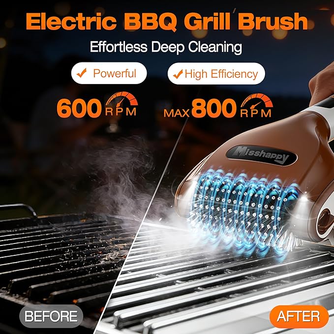 Misshappy Electric BBQ Grill Brush - 4000mAh Cordless BBQ Grill Cleaner 2 Speed - 800RPM Bristle Free Electric Grill Cleaner for Outdoor Grill Rechargeable with Scraper/LED Light/LED Display (Brown)