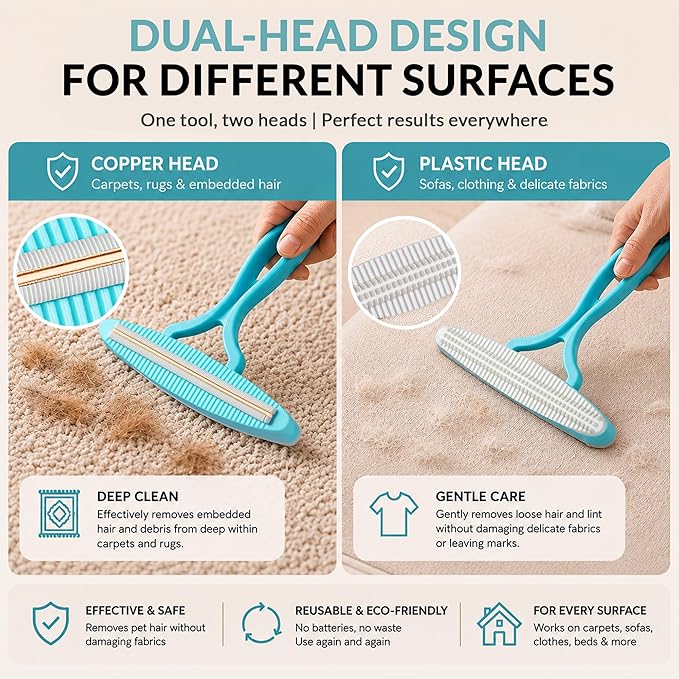2 Pack Set Pet Hair Removal Tool – Dual-Head Copper & Plastic Scraper for Carpet, Furniture & Car, Reusable Lint Remover for Embedded Dog & Cat Hair