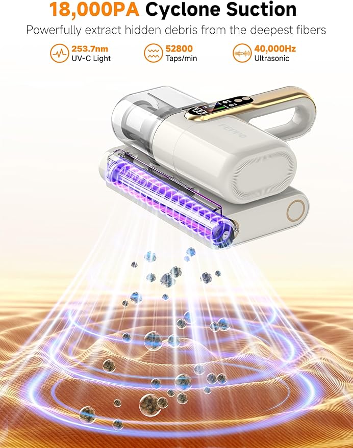 FEPPO Cordless Mattress Vacuum Cleaner, 18Kpa Bed Vacuum with 253.7nm UV-C Light, Ultrasonic, Dust Sensor & LED Display, 52800 BPM Handheld Vacuums for Bed, Sofa, Couch, Crib