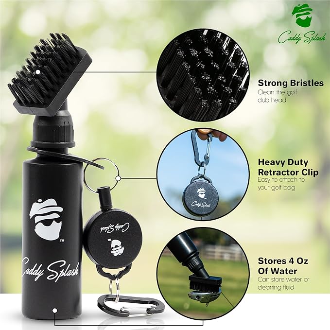 Caddy Splash Golf Club Brush Cleaner with Water - Heavy Duty Retractable Clip- Squeeze Bottle for Easy Cleaning with Nylon Bristles- Holds 4 Oz Water - Golf Accessories for Men- USA Company