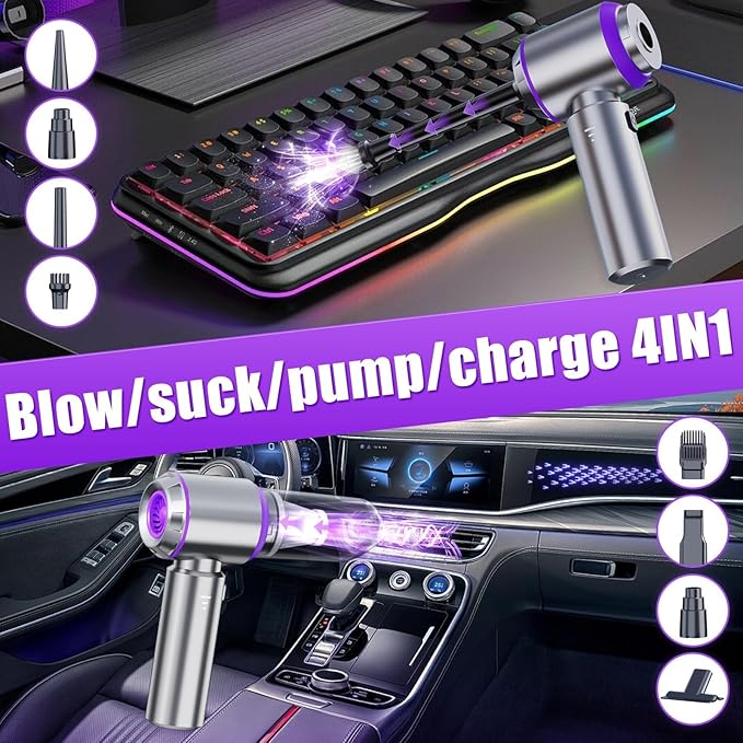 Handheld Car Vacuum Portable Cordless with One-Touch Window Breaker and Seatbelt Cutter 25000Pa High-Power Suction Hand Held Vacuum Cleaner & Air Duster for Car Cleaning (Silver-Purple)