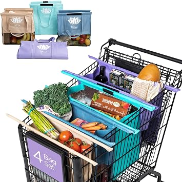 Lotus Original Trolley Reusable Shopping Bags (4-Pack) – Detachable & Reusable Grocery Bags Foldable with Insulated Groc