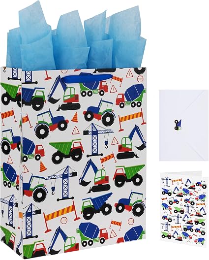 16.5" Extra Large Vehicle-themed Gift Bags Set with Greeting Card and Tissue Paper (Blue Car Design) for Boys, Kids Birt