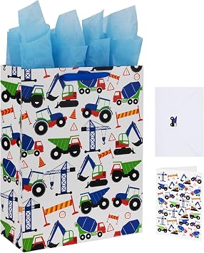 16.5" Extra Large Vehicle-themed Gift Bags Set with Greeting Card and Tissue Paper (Blue Car Design) for Boys, Kids Birt