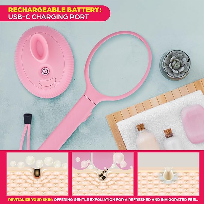 Bella Ciao Electric Back Scrubber for Shower & Face – Vibrating Silicone Body Brush, Exfoliating Loofah Cleaner with Extendable Handle, USB-C Rechargeable, IPX7 Waterproof Women's Bath Massager