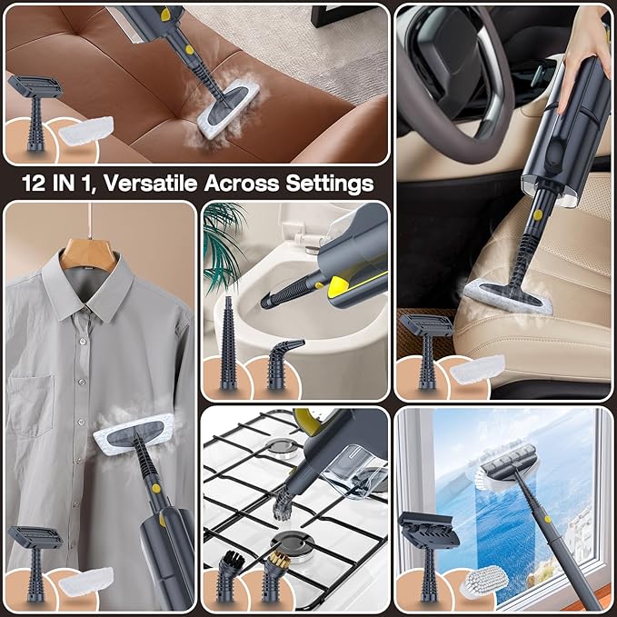 Steam Mop with Detachable Handheld Steam Cleaner, 10-in-1 Multi Accessories, Quick 10s Heat, 350ml and 2-Level Steamer for Cleaning Floor, Carpet, BBQ Grill, Tile, and Grout, Gray