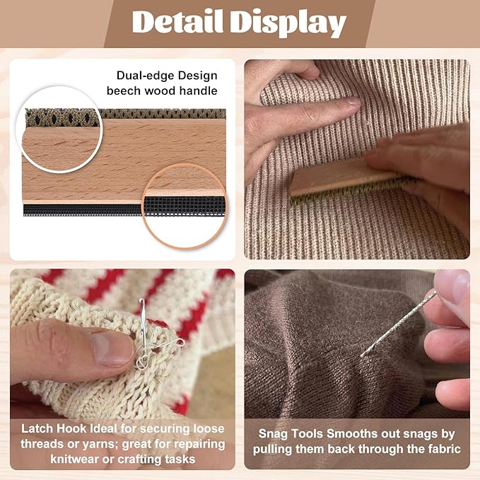Cashmere Comb Double Sided Sweater Shaver Snag Repair Tool Kit with Snag Repair Needles Latch Hook Multifunction Fabric Clothes Shaver Travel Pilling Remover(Beech)