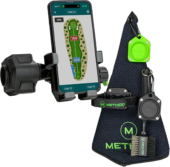 Method Golf RiderStack Pro Pack- Magnetic Golf Cart Phone Holder Plus Range Finder Magnetic, MagStack Microfiber Towel a