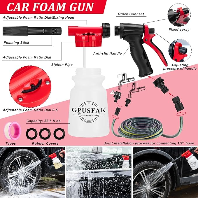 39Pcs Car Wash Cleaning Kit with Foam Gun Sprayer Detailing Brushes Collapsible Bucket Windshield Cleaning Tool Tire Brush Towels Complete Interior Exterior Detailing Set for Car