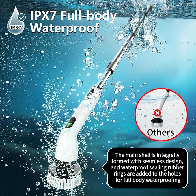TUYU Electric Spin Scrubber, Full-Body IPX7 Waterproof Bathroom Scrubber,4 Replacement Head for Adjustable Extension Handle Electric Cleaning Brush for Bathroom, Tub, Tile
