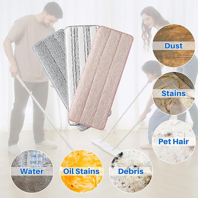 JOYMOOP Microfiber Replacement Mop Pads for 13" Flat Mop System, Reusable Floor Cleaning Refills, 6-Pack, Pink, Grey and Stripe