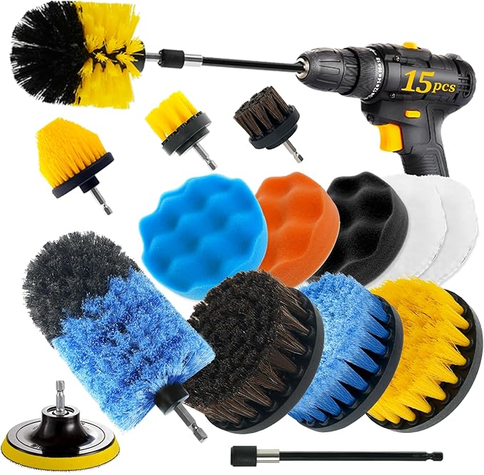 15 Pcs Drill Brush Attachments Set Fluffy Soft and Hard Bristles Horsehair Brush Cleaning Kit Scrub Sponge Polishing Pads for Home Bathroom Car Kitchen Corners Sink Stubborn Stains Tiles