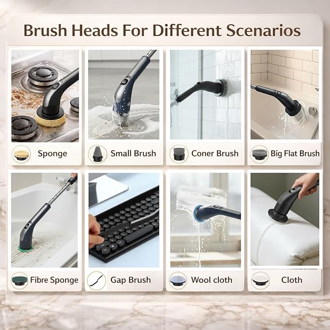 LIVINGPRO Electric Spin Scrubber with LCD Display, Cordless Cleaning Scrubber for Home, Upgraded 70W High-Power Motor, IPX7 Waterproof Dual Speed Power Scrubber, 7 Brush Heads, Extendable Long Handle