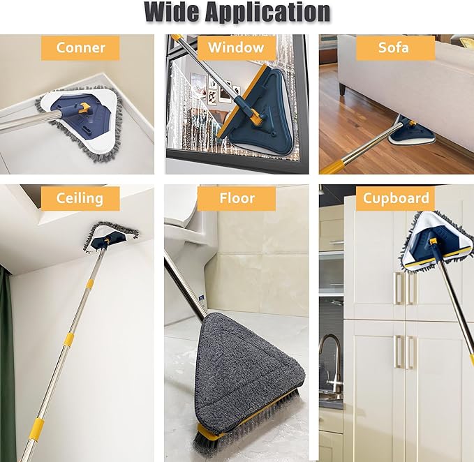 Wall Cleaner Mop with Long Handle, 5-in-1 Wall Cleaning Dust Mop with 6 Replacement Chenille Microfiber Pads, Squeegee, Scrubber, Duster Cleaning Tools for Painted Wall, Window, Ceiling