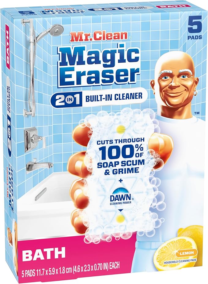 Mr. Clean Magic Eraser Sponge, Bathroom Cleaner, Shower Cleaner, Tub Cleaner, Soap Scum Remover, Bathroom Cleaning Supplies, Dawn Cleaning Power with Lemon Scent, 2 in 1 Bath, 5ct