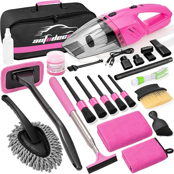 Car Cleaning Kit, Car Interior Detailing Kit with 12000PA Pink Handheld Vacuum, Brush Set, Windshield Tool, Duster, Towe