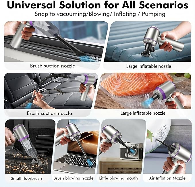 Car Vacuum Portable Cordless, 20000Pa 4-in-1 Handheld Cleaner & Air Duster, 80000RPM Brushless Motor, Type-C Charging, HEPA Filter, Storage Case for Car Home Office (Purple)