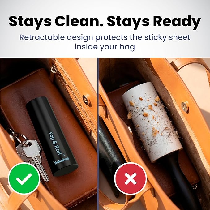 Rubyloo Mini Lint Roller for Pet Hair (3 Pack + 4 Refill Rolls) - Travel Size Sticky Pet Hair Roller with Retractable Cover - Cat & Dog Fur Remover for Clothes