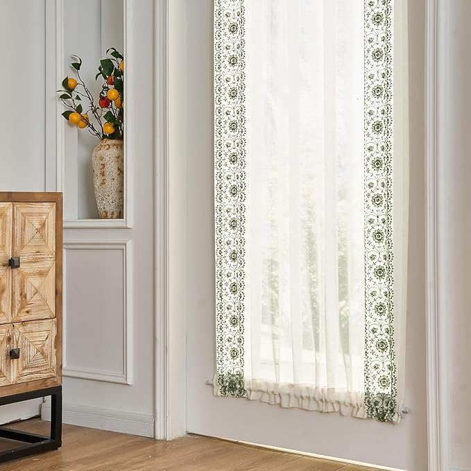 jinchan French Sheer Volie Door Curtain Embroidered Christmas Decor Farmhouse Linen Curtain for Patio Door with Tie up Bows for Door Window Closet Light Filtering 72 Inches 1 Panel Green on Beige
