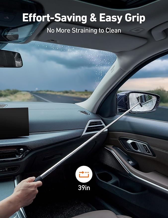 AstroAI Car Windshield Cleaner Tool, Window Cleaning Kit with 39in Car Mirror Squeegee, 4 Reusable Microfiber Pads and Extendable Handle, Blue