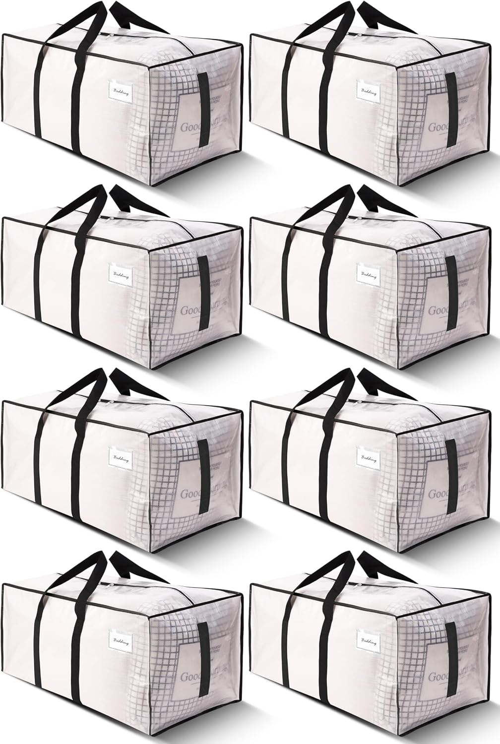 Supports 200lbs Heavy Duty Moving Bags - Strong Zipper & Wrap-Around Handles - Water-Resistant Storage Totes, Durable Alternative to Moving Boxes - 8 Pack - Semi-Transparent